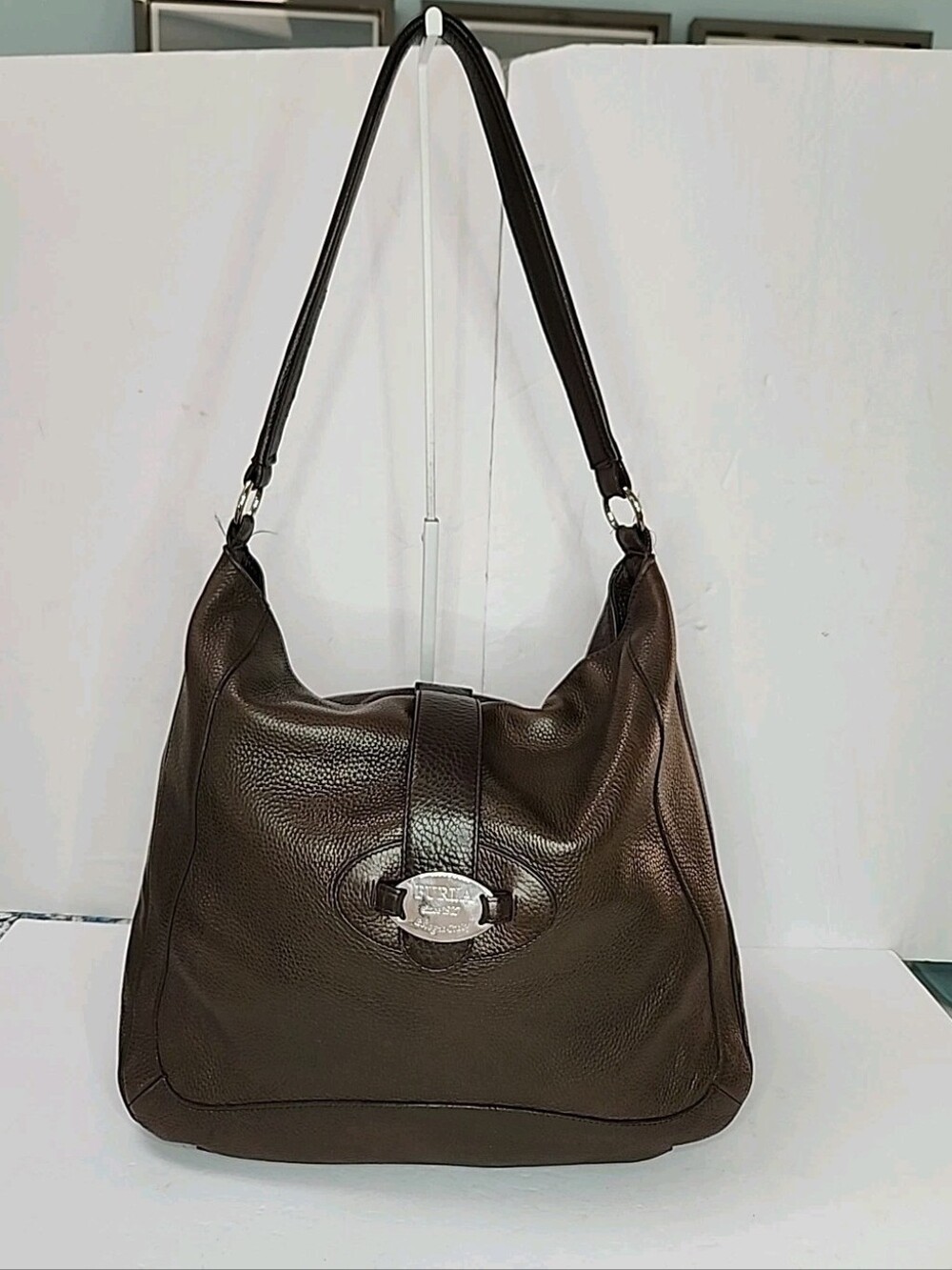 VTG FURLA Leather Logo Bag Hobo Large Women's Drk Brown Genuine Pebbled RARE